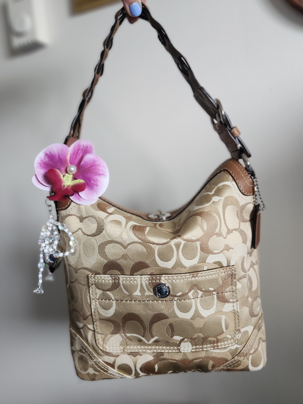 Coach Beige Signature Jacquard Shoulder Bag with Brown Trim